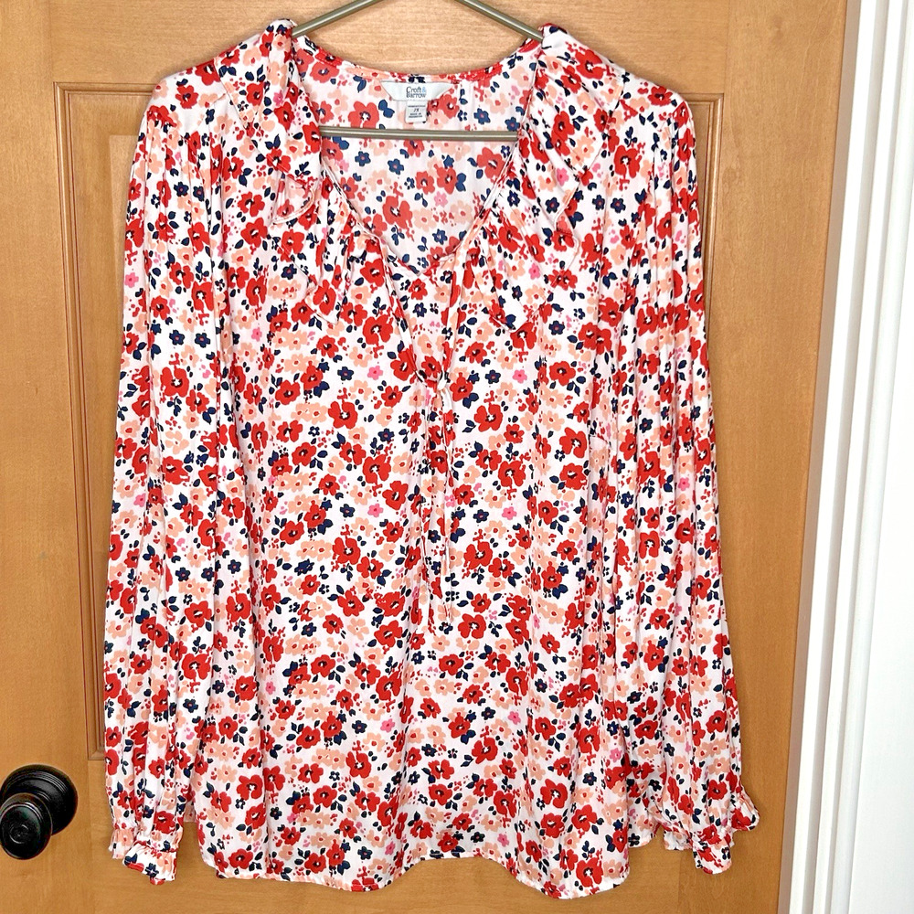 Croft Barrow Floral Blouse Plus 2X Long Sleeves Ruffle Collar‎ Career